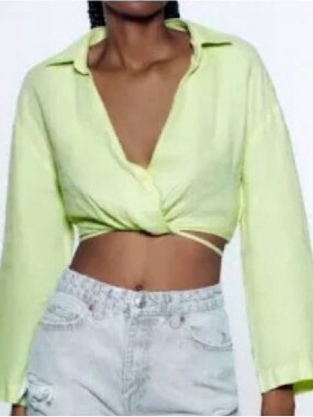 Zara Pale Lime Drawstring Cropped Button-Down